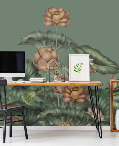 grønn tilpassbar lotus veggmaleri kalt Green Lotus av Karina Eibatova for soverom og kjøkken grønn tilpassbar lotus veggmaleri kalt Green Lotus av Karina Eibatova for soverom og kjøkken