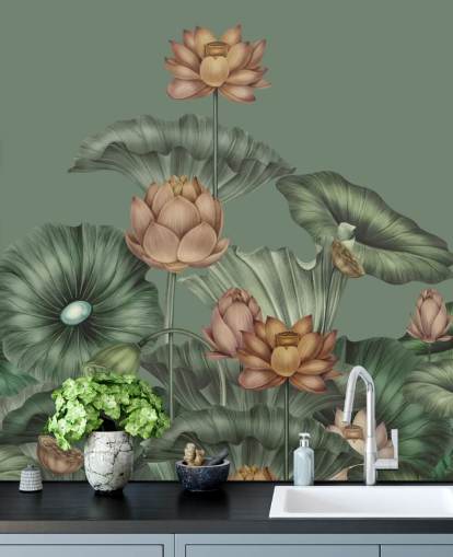 grön anpassningsbar lotus väggmålning kallad Green Lotus av Karina Eibatova för sovrum och kök grön anpassningsbar lotus väggmålning kallad Green Lotus av Karina Eibatova för sovrum och kök