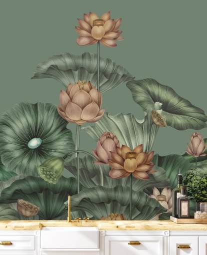 mural de parede de lótus verde personalizável chamado Green Lotus de Karina Eibatova para quartos e cozinhas