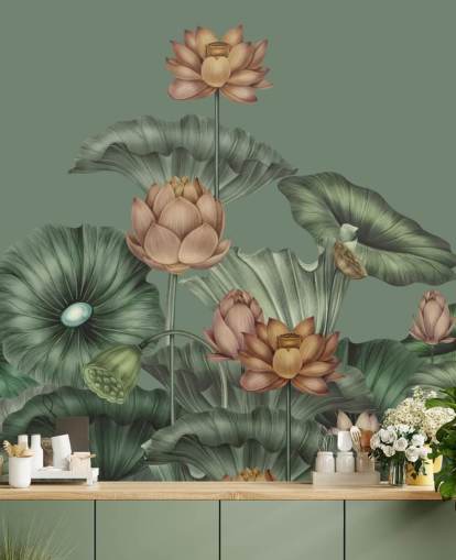 green customisable lotus wall mural called Green Lotus by Karina Eibatova for bedrooms and kitchens green customisable lotus wall mural called Green Lotus by Karina Eibatova for bedrooms and kitchens