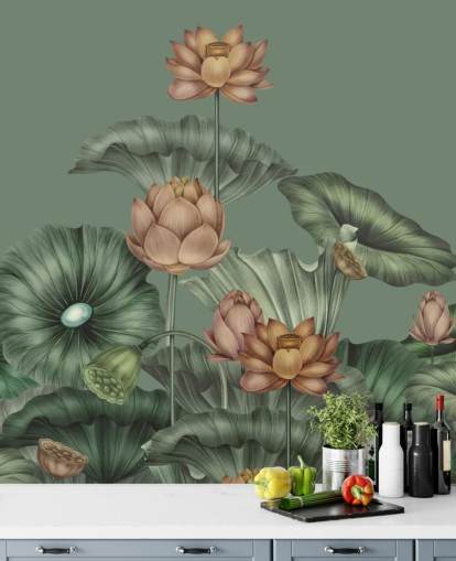 mural de pared de loto verde personalizable llamado Green Lotus de Karina Eibatova para dormitorios y cocinas