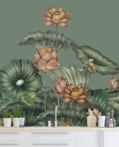 groene aanpasbare lotusmuurschildering genaamd Green Lotus van Karina Eibatova voor slaapkamers en keukens groene aanpasbare lotusmuurschildering genaamd Green Lotus van Karina Eibatova voor slaapkamers en keukens