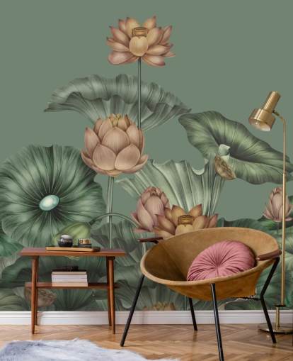 green customizable lotus wall mural called Green Lotus by Karina Eibatova for bedrooms and kitchens