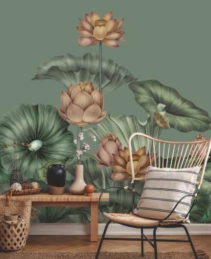 grünes personalisierbares Lotus-Wandbild namens Green Lotus von Karina Eibatova für Schlafzimmer und Küchen