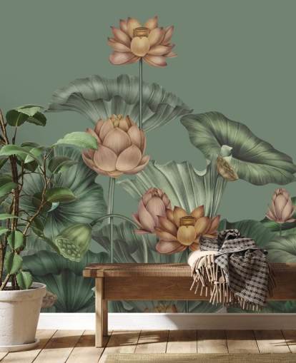 green customizable lotus wall mural called Green Lotus by Karina Eibatova for bedrooms and kitchens