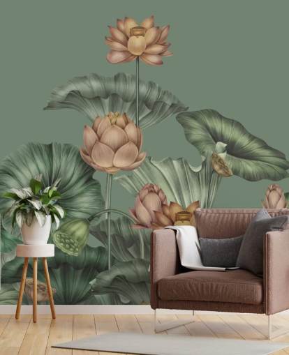 murale da parete con loto verde personalizzabile chiamato Green Lotus di Karina Eibatova per camere da letto e cucine