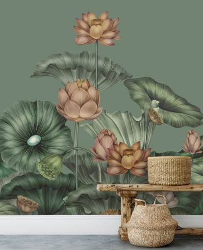 fresque murale verte personnalisable en forme de lotus appelée Green Lotus de Karina Eibatova pour les chambres et les cuisines fresque murale verte personnalisable en forme de lotus appelée Green Lotus de Karina Eibatova pour les chambres et les cuisines