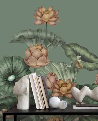 mural de parede de lótus verde personalizável chamado Green Lotus de Karina Eibatova para quartos e cozinhas