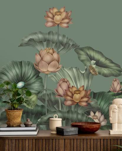 mural de pared de loto verde personalizable llamado Green Lotus de Karina Eibatova para dormitorios y cocinas