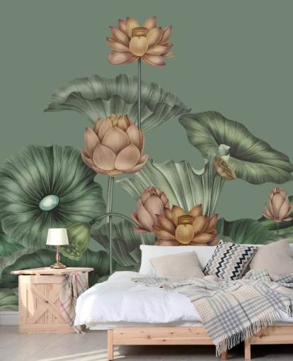 grünes personalisierbares Lotus-Wandbild namens Green Lotus von Karina Eibatova für Schlafzimmer und Küchen