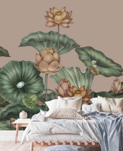 mural de parede de lótus verde e bege chamado Mocha Lotus de Karina Eibatova para quartos e corredores