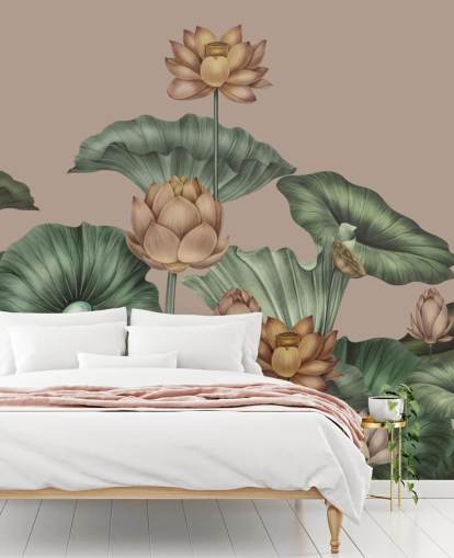 groene en beige lotusmuurschildering genaamd Mocha Lotus van Karina Eibatova voor slaapkamers en gangen groene en beige lotusmuurschildering genaamd Mocha Lotus van Karina Eibatova voor slaapkamers en gangen