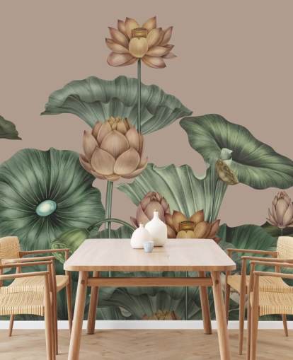 murale con loto verde e beige chiamato Mocha Lotus di Karina Eibatova per camere da letto e corridoi