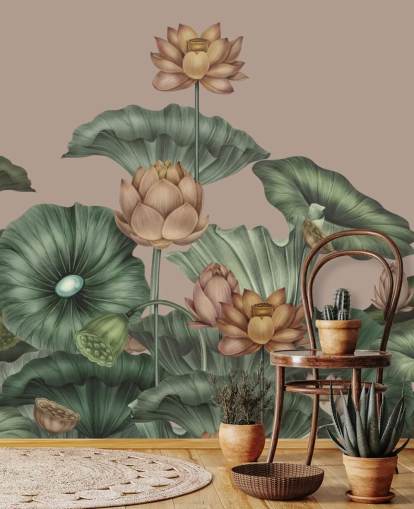 mural de parede de lótus verde e bege chamado Mocha Lotus de Karina Eibatova para quartos e corredores mural de parede de lótus verde e bege chamado Mocha Lotus de Karina Eibatova para quartos e corredores