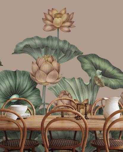mural de pared de loto verde y beige llamado Mocha Lotus de Karina Eibatova para dormitorios y pasillos