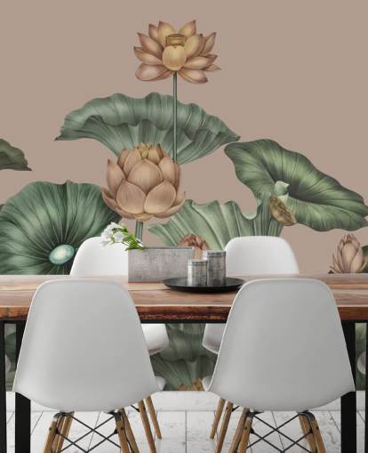 green and beige lotus wall mural called Mocha Lotus by Karina Eibatova for bedrooms and hallways
