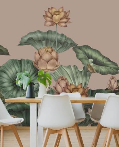 fresque murale en forme de lotus vert et beige appelée Mocha Lotus de Karina Eibatova pour les chambres et les couloirs