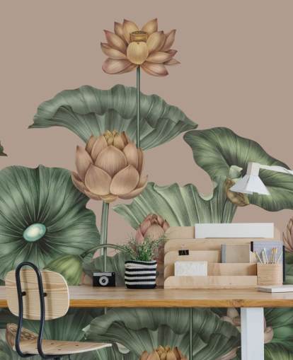 green and beige lotus wall mural called Mocha Lotus by Karina Eibatova for bedrooms and hallways