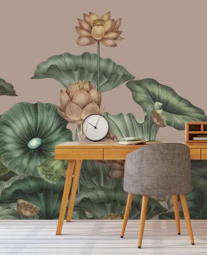 mural de pared de loto verde y beige llamado Mocha Lotus de Karina Eibatova para dormitorios y pasillos