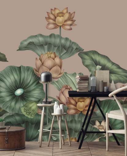 mural de pared de loto verde y beige llamado Mocha Lotus de Karina Eibatova para dormitorios y pasillos mural de pared de loto verde y beige llamado Mocha Lotus de Karina Eibatova para dormitorios y pasillos