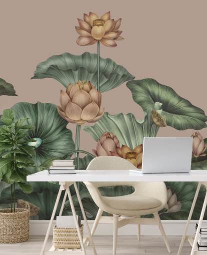 groene en beige lotusmuurschildering genaamd Mocha Lotus van Karina Eibatova voor slaapkamers en gangen