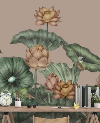 grøn og beige lotus vægmaleri kaldet Mocha Lotus af Karina Eibatova til soveværelser og gange grøn og beige lotus vægmaleri kaldet Mocha Lotus af Karina Eibatova til soveværelser og gange