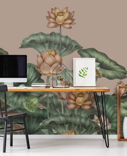 grön och beige lotus väggmålning kallad Mocha Lotus av Karina Eibatova för sovrum och hallar grön och beige lotus väggmålning kallad Mocha Lotus av Karina Eibatova för sovrum och hallar