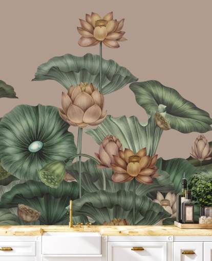 murale con loto verde e beige chiamato Mocha Lotus di Karina Eibatova per camere da letto e corridoi murale con loto verde e beige chiamato Mocha Lotus di Karina Eibatova per camere da letto e corridoi