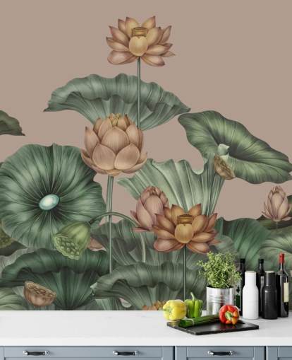 green and beige lotus wall mural called Mocha Lotus by Karina Eibatova for bedrooms and hallways