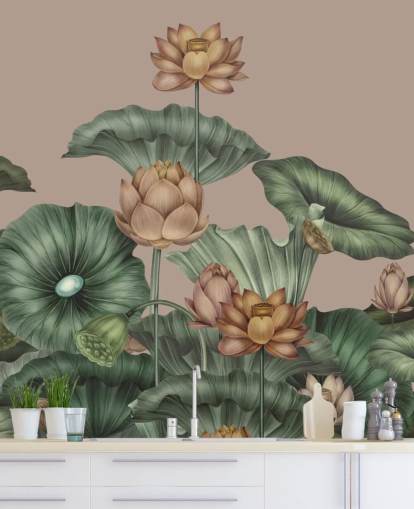 mural de pared de loto verde y beige llamado Mocha Lotus de Karina Eibatova para dormitorios y pasillos mural de pared de loto verde y beige llamado Mocha Lotus de Karina Eibatova para dormitorios y pasillos