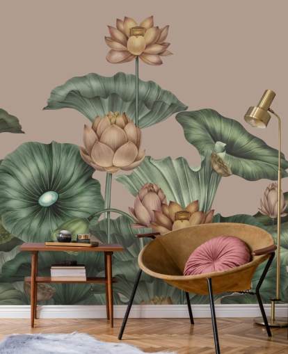 fresque murale en forme de lotus vert et beige appelée Mocha Lotus de Karina Eibatova pour les chambres et les couloirs