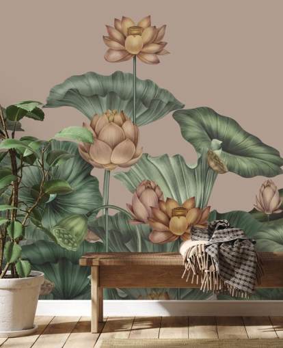 green and beige lotus wall mural called Mocha Lotus by Karina Eibatova for bedrooms and hallways green and beige lotus wall mural called Mocha Lotus by Karina Eibatova for bedrooms and hallways