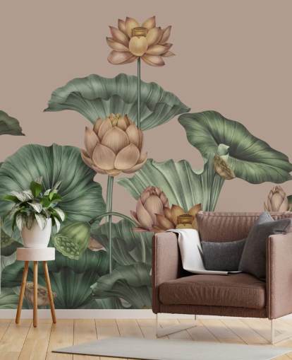 groene en beige lotusmuurschildering genaamd Mocha Lotus van Karina Eibatova voor slaapkamers en gangen