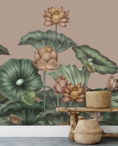 fresque murale en forme de lotus vert et beige appelée Mocha Lotus de Karina Eibatova pour les chambres et les couloirs