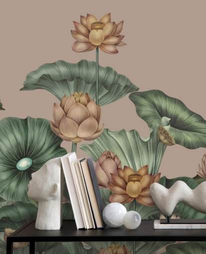 fresque murale en forme de lotus vert et beige appelée Mocha Lotus de Karina Eibatova pour les chambres et les couloirs