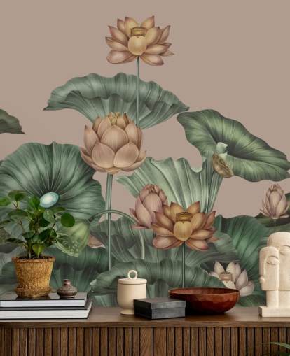 green and beige lotus wall mural called Mocha Lotus by Karina Eibatova for bedrooms and hallways