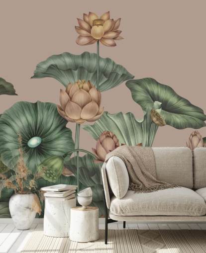 grønn og beige lotus veggmaleri kalt Mocha Lotus av Karina Eibatova for soverom og ganger grønn og beige lotus veggmaleri kalt Mocha Lotus av Karina Eibatova for soverom og ganger