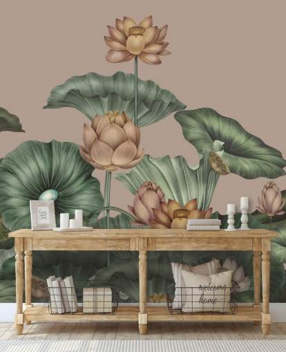 green and beige lotus wall mural called Mocha Lotus by Karina Eibatova for bedrooms and hallways green and beige lotus wall mural called Mocha Lotus by Karina Eibatova for bedrooms and hallways