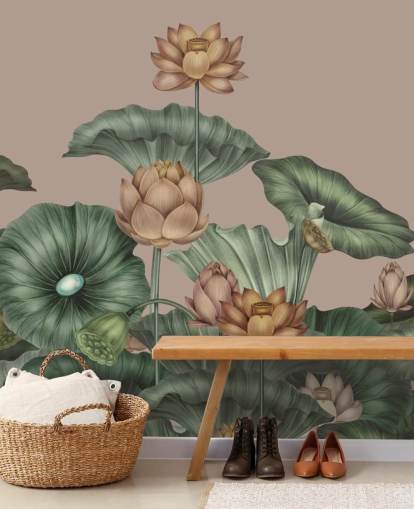 fresque murale en forme de lotus vert et beige appelée Mocha Lotus de Karina Eibatova pour les chambres et les couloirs