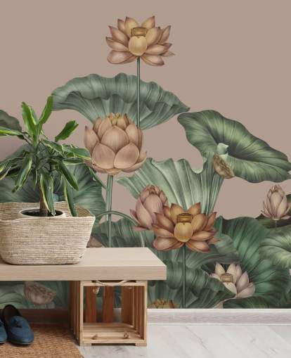 mural de parede de lótus verde e bege chamado Mocha Lotus de Karina Eibatova para quartos e corredores mural de parede de lótus verde e bege chamado Mocha Lotus de Karina Eibatova para quartos e corredores
