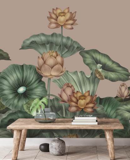 grön och beige lotus väggmålning kallad Mocha Lotus av Karina Eibatova för sovrum och hallar