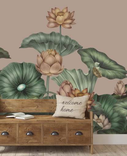 grønn og beige lotus veggmaleri kalt Mocha Lotus av Karina Eibatova for soverom og ganger