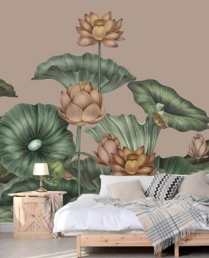 mural de pared de loto verde y beige llamado Mocha Lotus de Karina Eibatova para dormitorios y pasillos