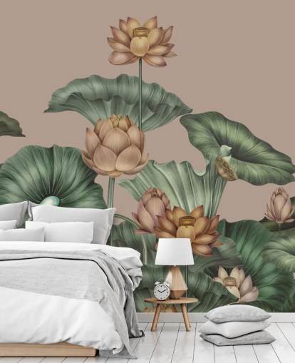 green and beige lotus wall mural called Mocha Lotus by Karina Eibatova for bedrooms and hallways
