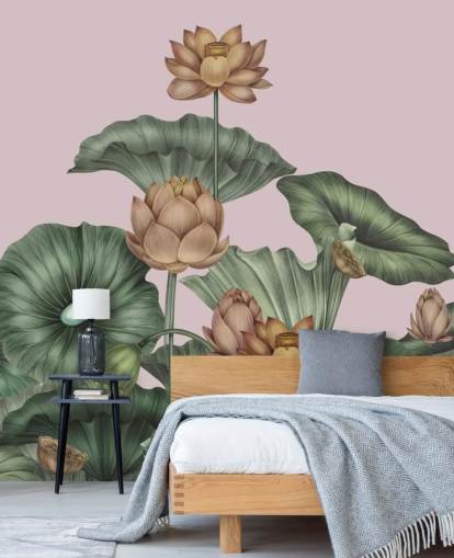 murale da parete personalizzabile con loto verde e pesca chiamato Peach Lotus di Karina Eibatova per sale da pranzo e camere da letto murale da parete personalizzabile con loto verde e pesca chiamato Peach Lotus di Karina Eibatova per sale da pranzo e camere da letto