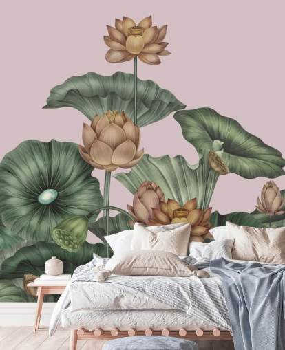 mural de parede de lótus personalizável em verde e pêssego chamado Peach Lotus de Karina Eibatova para salas de jantar e quartos mural de parede de lótus personalizável em verde e pêssego chamado Peach Lotus de Karina Eibatova para salas de jantar e quartos