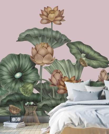 murale da parete personalizzabile con loto verde e pesca chiamato Peach Lotus di Karina Eibatova per sale da pranzo e camere da letto