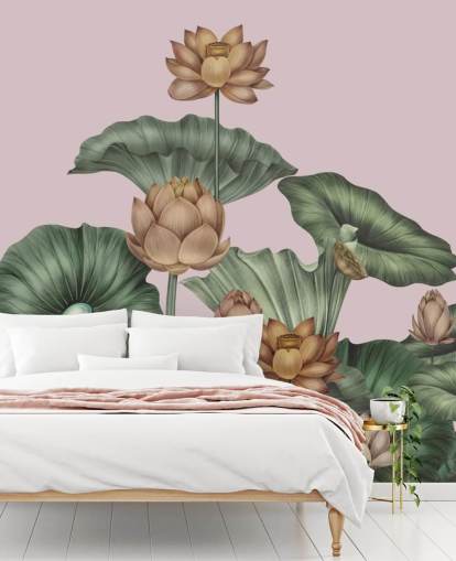 mural de parede de lótus personalizável em verde e pêssego chamado Peach Lotus de Karina Eibatova para salas de jantar e quartos