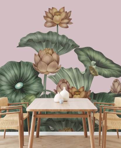 murale da parete personalizzabile con loto verde e pesca chiamato Peach Lotus di Karina Eibatova per sale da pranzo e camere da letto