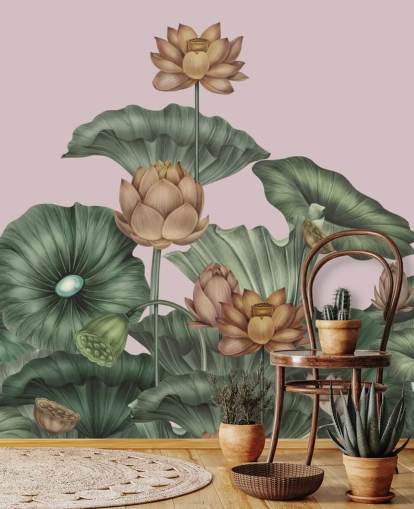 grøn og fersken tilpasselig lotus vægmaleri kaldet Peach Lotus af Karina Eibatova til spisestuer og soveværelser grøn og fersken tilpasselig lotus vægmaleri kaldet Peach Lotus af Karina Eibatova til spisestuer og soveværelser